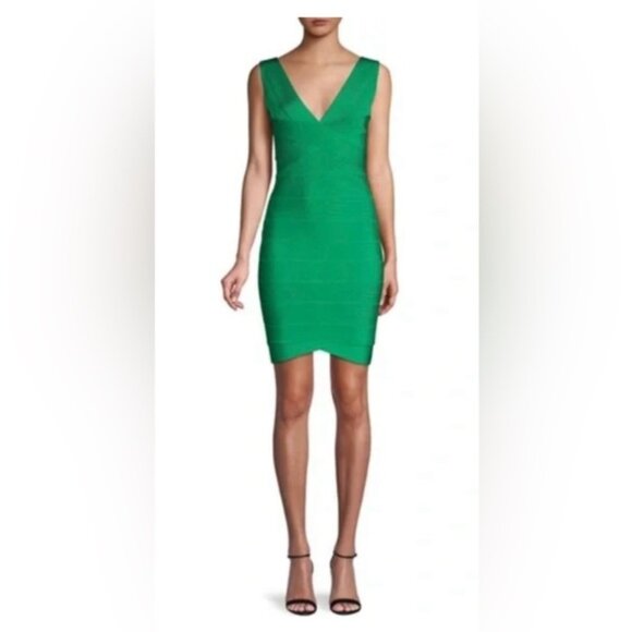 Herve Leger V-Neck Sleeveless V-Back Bandage Mini Dress in Green Opal SZ M NWT - Picture 1 of 16